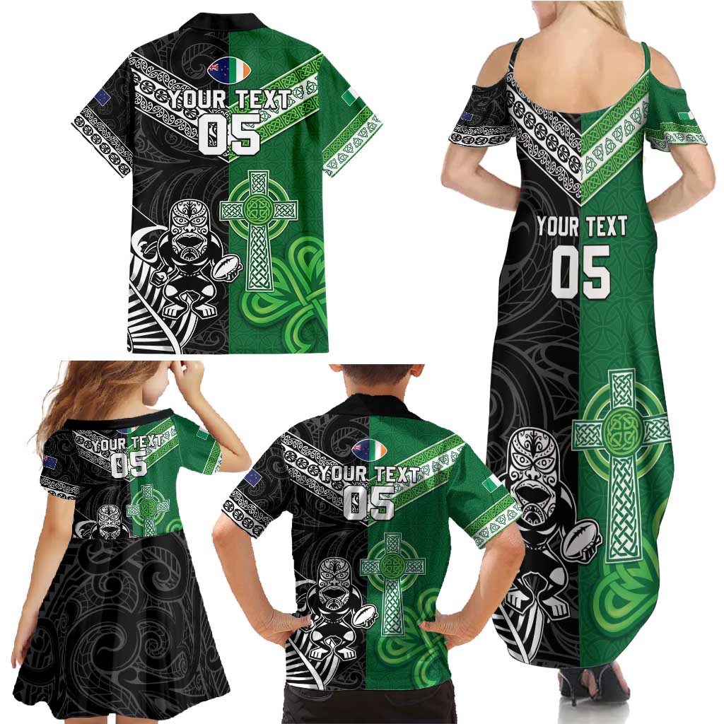 New Zealand And Ireland Rugby Custom Family Matching Summer Maxi Dress and Hawaiian Shirt Maori Tiki With Shamrock