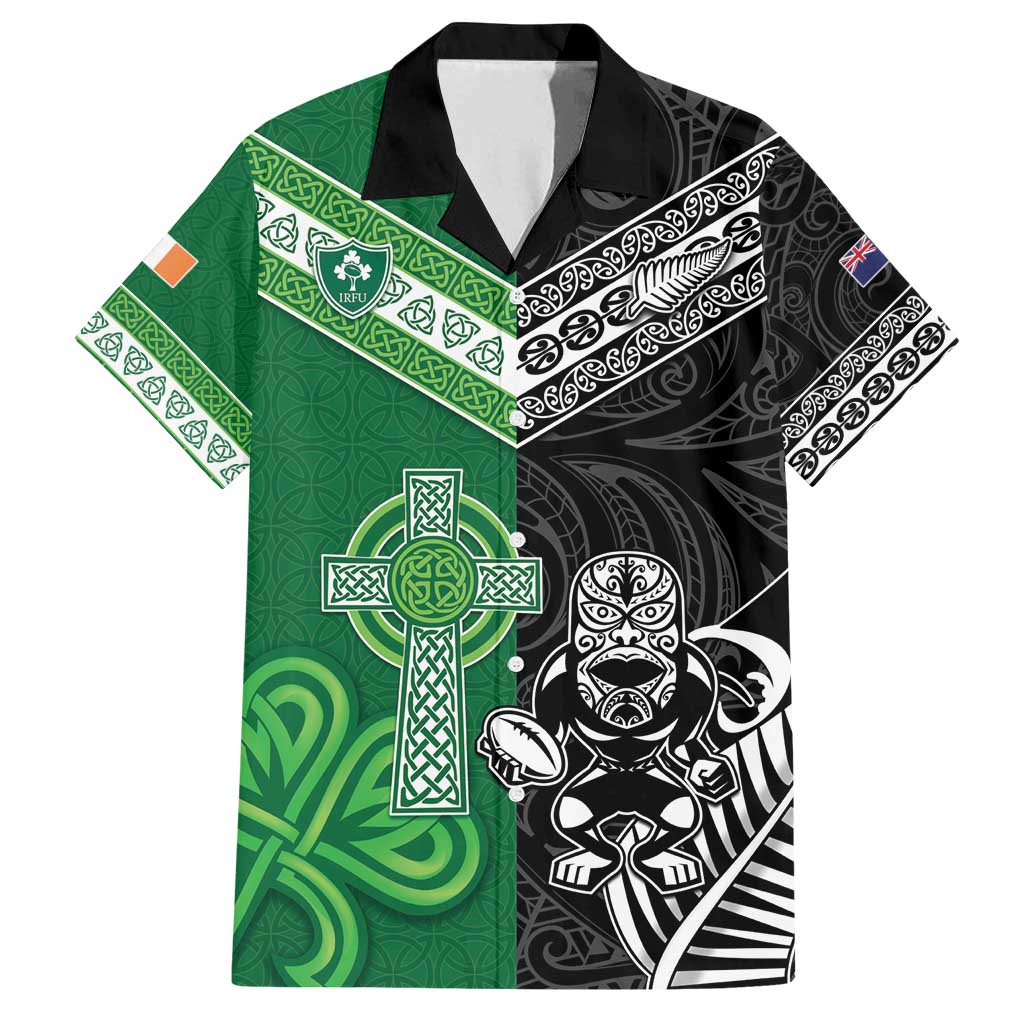 New Zealand And Ireland Rugby Custom Family Matching Summer Maxi Dress and Hawaiian Shirt Maori Tiki With Shamrock