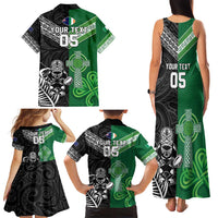 New Zealand And Ireland Rugby Custom Family Matching Tank Maxi Dress and Hawaiian Shirt Maori Tiki With Shamrock