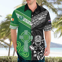 New Zealand And Ireland Rugby Custom Hawaiian Shirt Maori Tiki With Shamrock