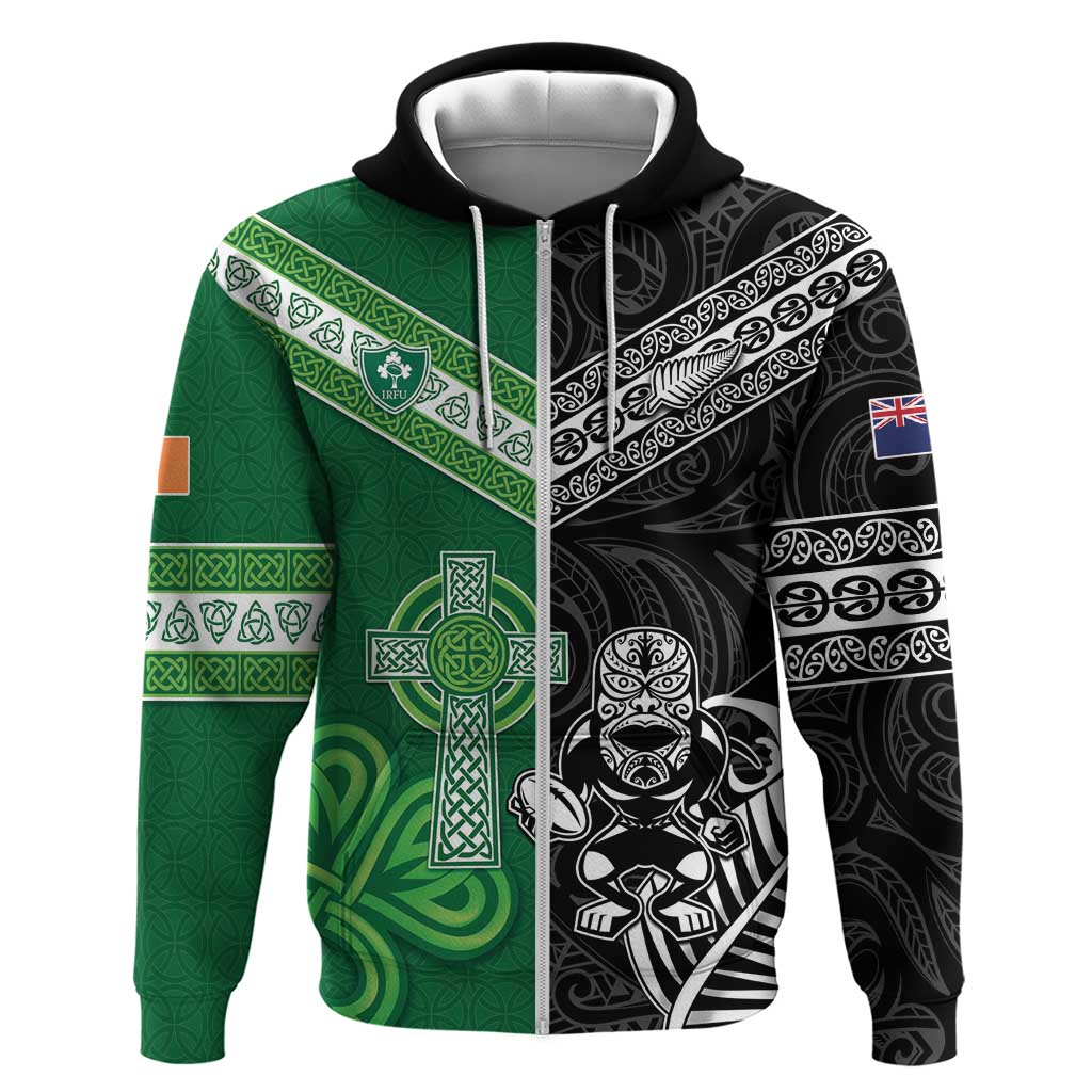 New Zealand And Ireland Rugby Custom Hoodie Maori Tiki With Shamrock