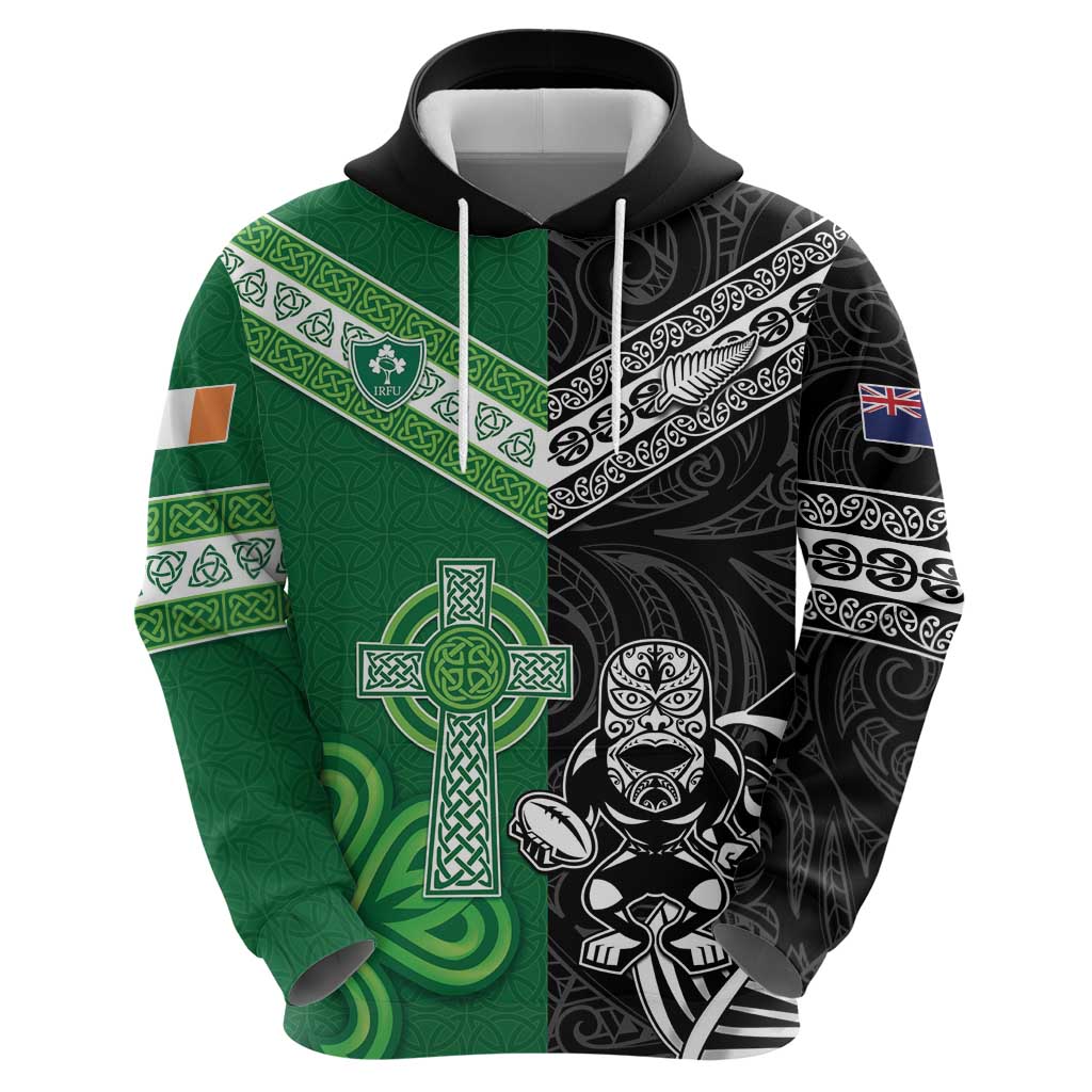 New Zealand And Ireland Rugby Custom Hoodie Maori Tiki With Shamrock