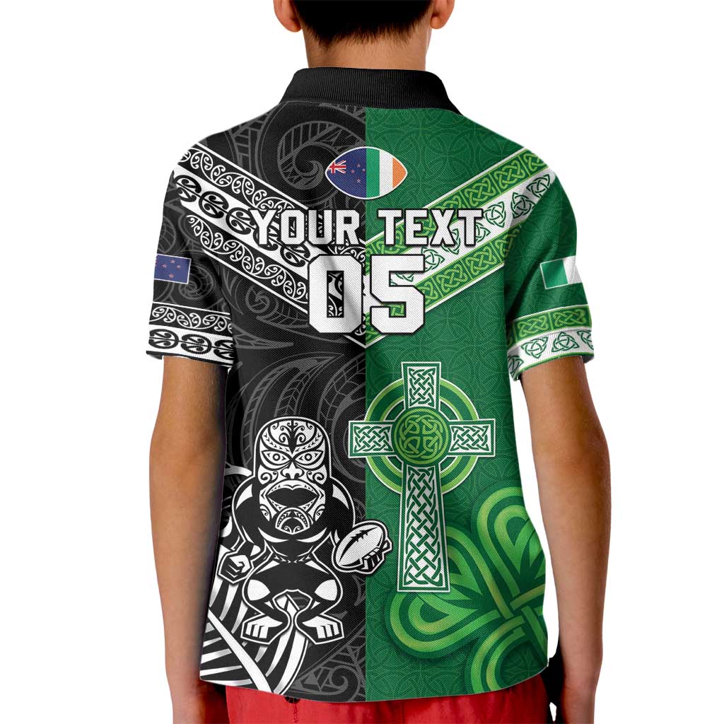 New Zealand And Ireland Rugby Custom Kid Polo Shirt Maori Tiki With Shamrock