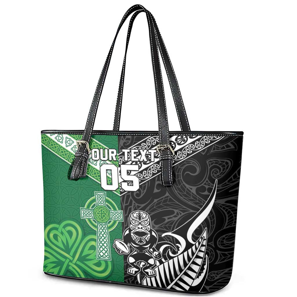 New Zealand And Ireland Rugby Custom Leather Tote Bag Maori Tiki With Shamrock