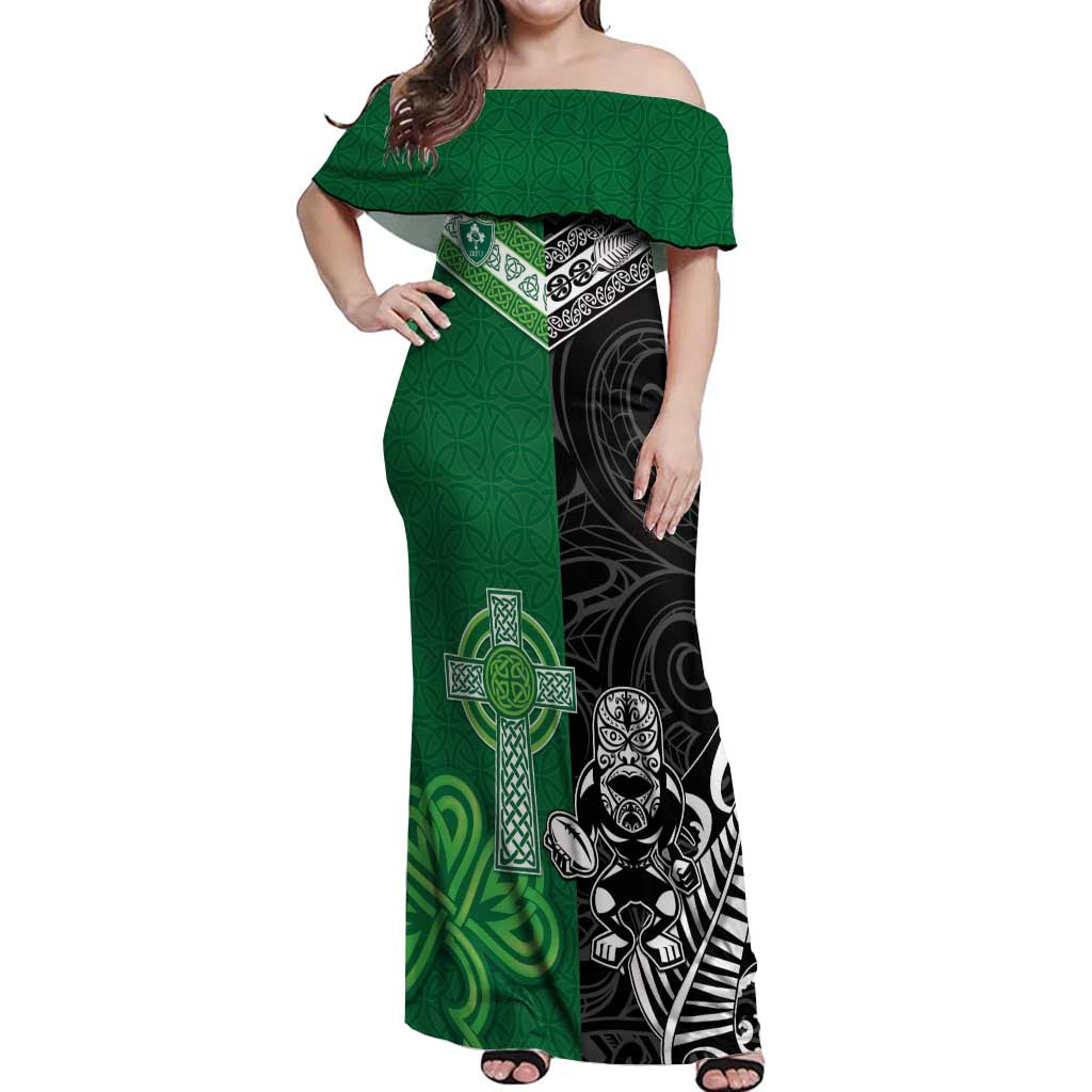 New Zealand And Ireland Rugby Custom Off Shoulder Maxi Dress Maori Tiki With Shamrock