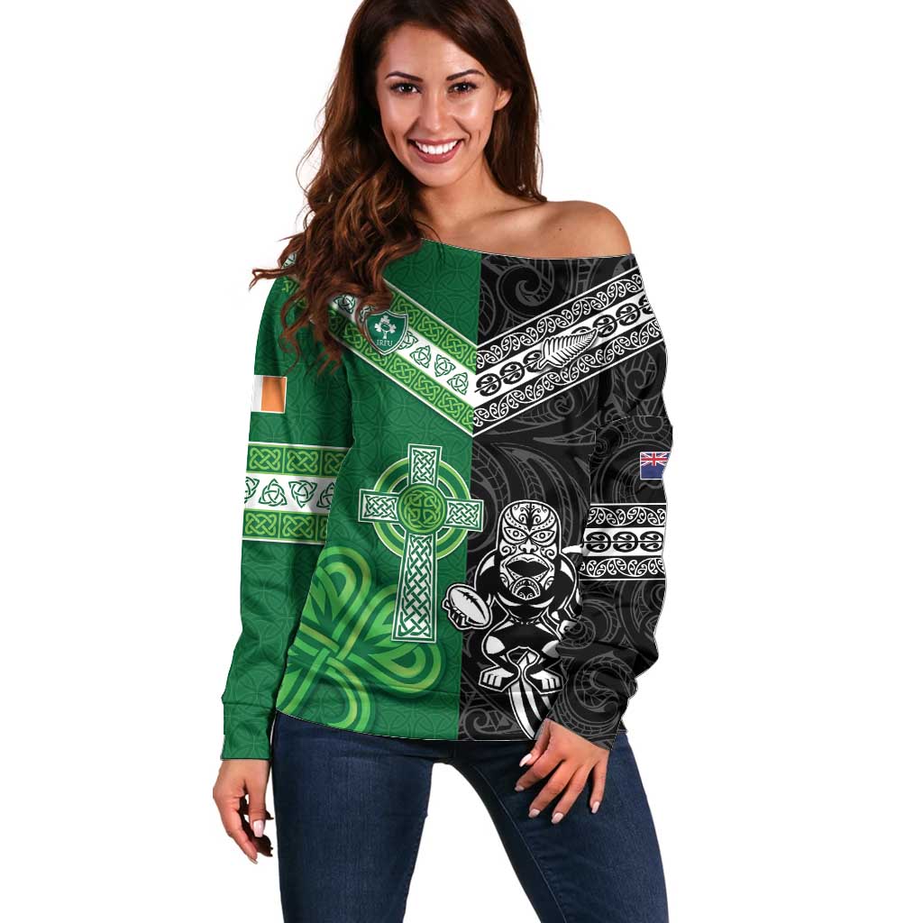 New Zealand And Ireland Rugby Custom Off Shoulder Sweater Maori Tiki With Shamrock