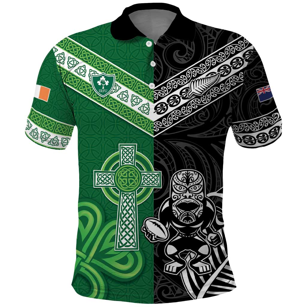 New Zealand And Ireland Rugby Custom Polo Shirt Maori Tiki With Shamrock