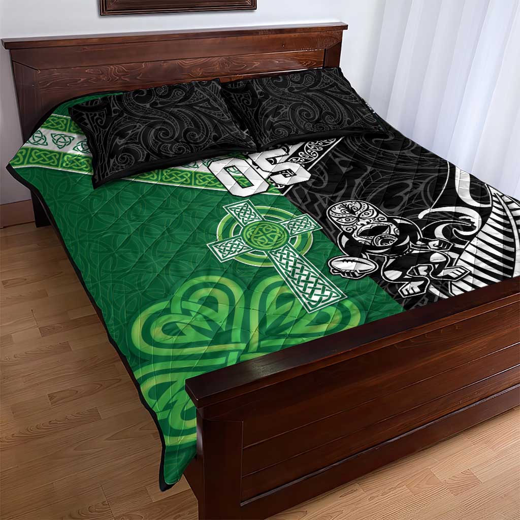 New Zealand And Ireland Rugby Custom Quilt Bed Set Maori Tiki With Shamrock