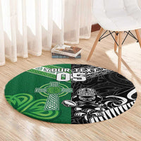 New Zealand And Ireland Rugby Custom Round Carpet Maori Tiki With Shamrock