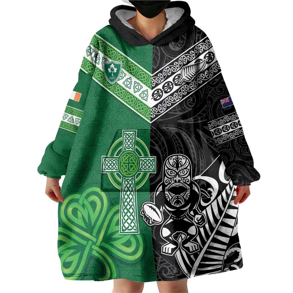 New Zealand And Ireland Rugby Custom Wearable Blanket Hoodie Maori Tiki With Shamrock