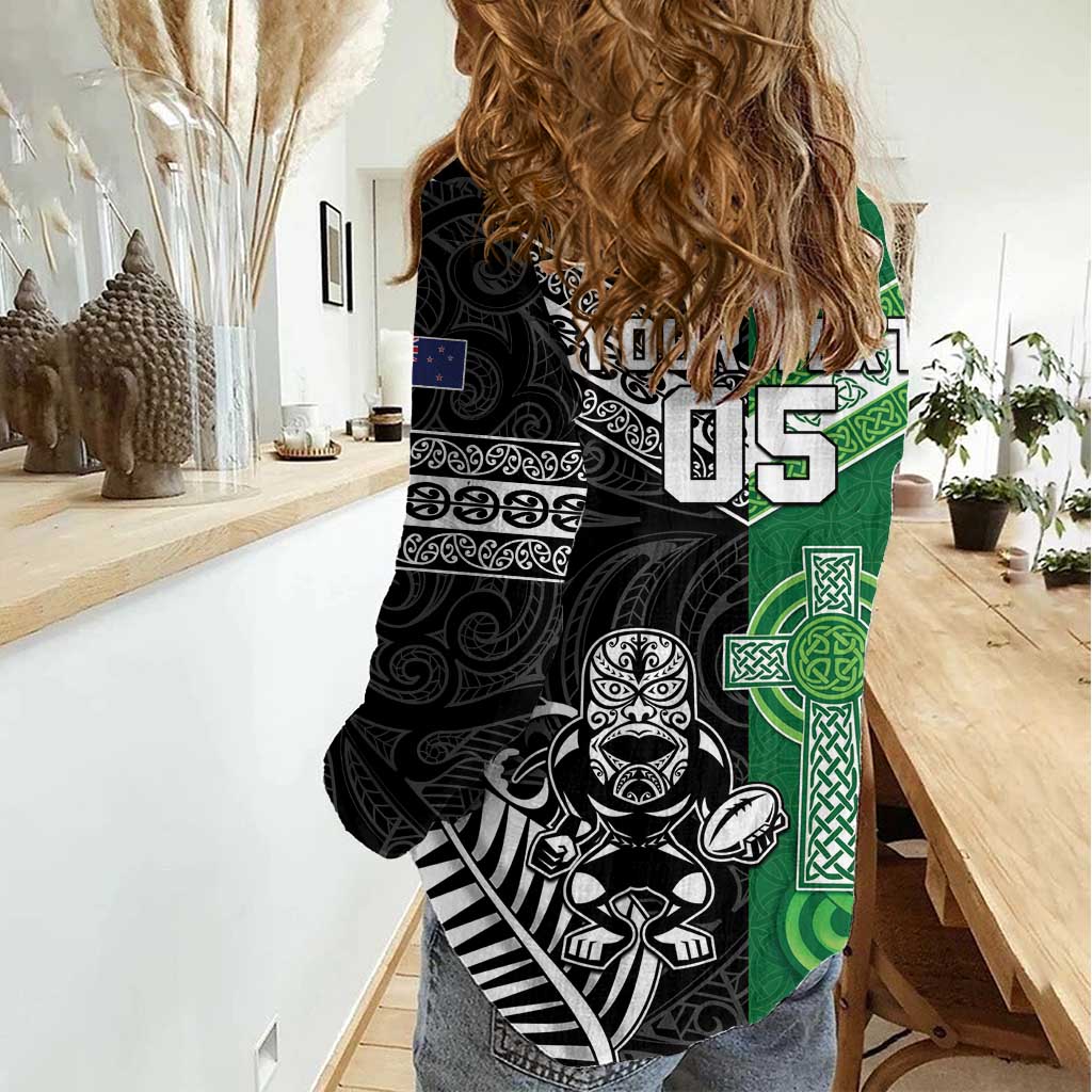 New Zealand And Ireland Rugby Custom Women Casual Shirt Maori Tiki With Shamrock