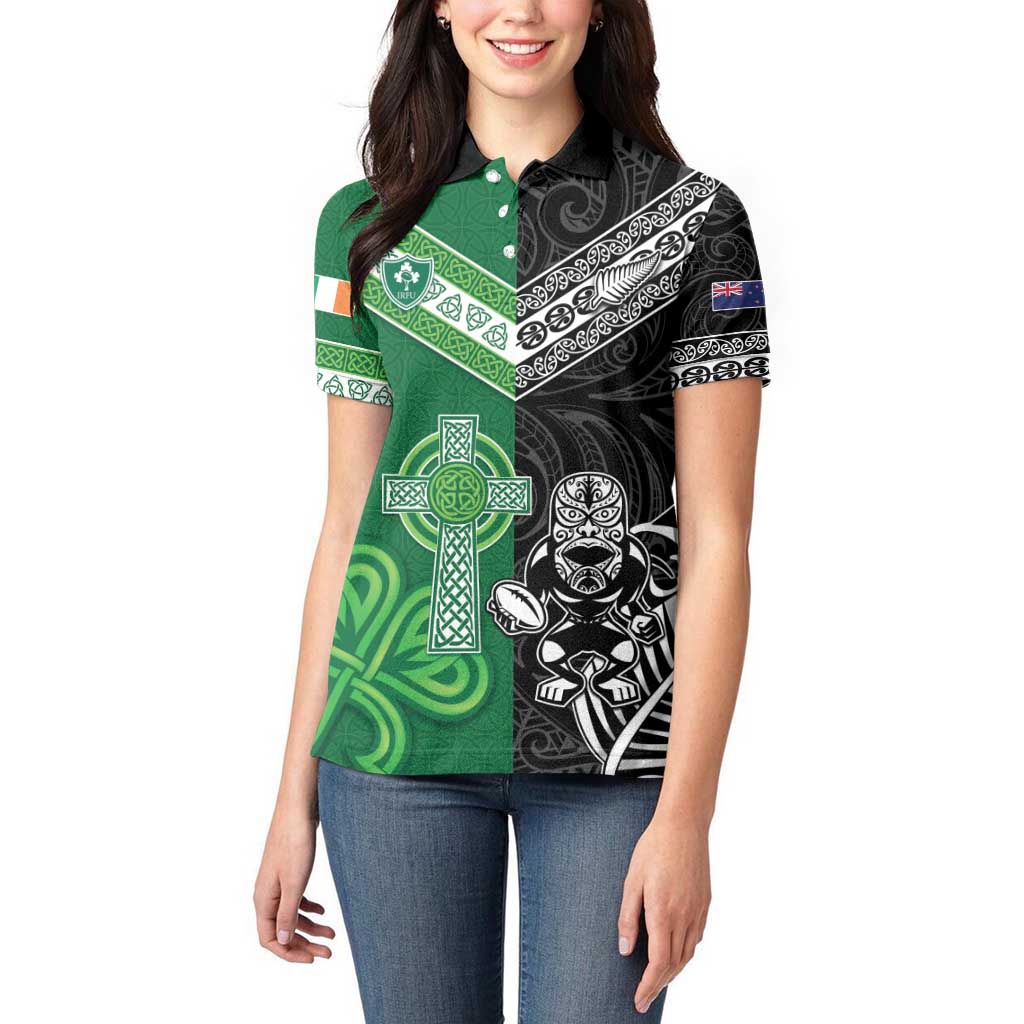 New Zealand And Ireland Rugby Custom Women Polo Shirt Maori Tiki With Shamrock