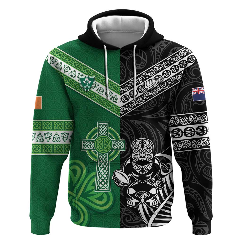 New Zealand And Ireland Rugby Custom Zip Hoodie Maori Tiki With Shamrock