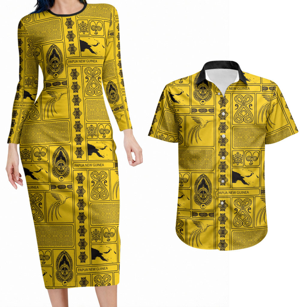 Papua New Guinea Heritage Motif Couples Matching Long Sleeve Bodycon Dress and Hawaiian Shirt Yellow Version