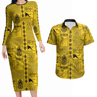 Papua New Guinea Heritage Motif Couples Matching Long Sleeve Bodycon Dress and Hawaiian Shirt Yellow Version