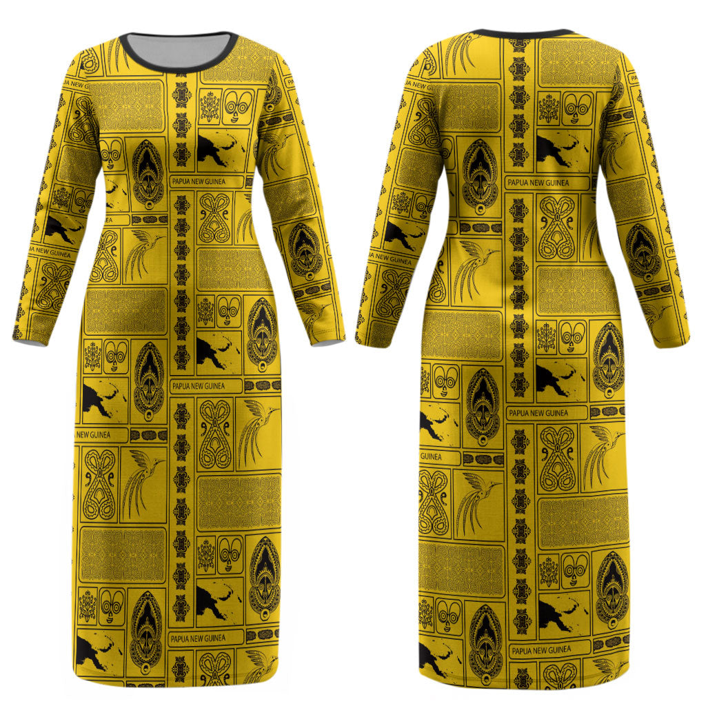 Papua New Guinea Heritage Motif Couples Matching Long Sleeve Bodycon Dress and Hawaiian Shirt Yellow Version