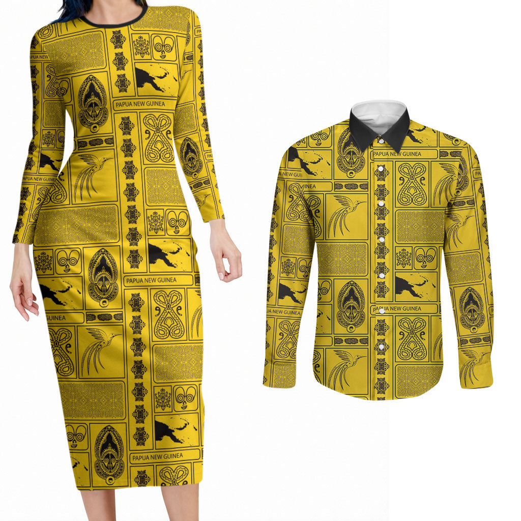 Papua New Guinea Heritage Motif Couples Matching Long Sleeve Bodycon Dress and Long Sleeve Button Shirt Yellow Version