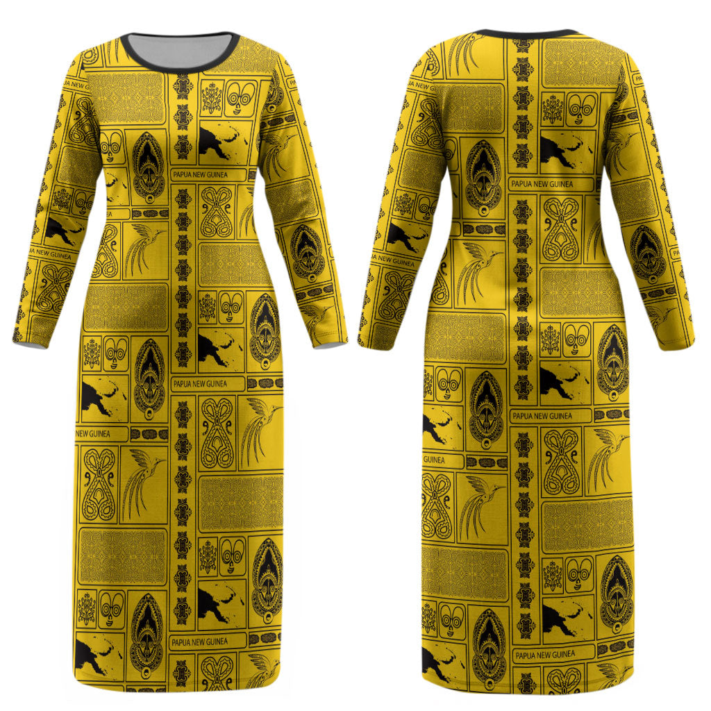 Papua New Guinea Heritage Motif Couples Matching Long Sleeve Bodycon Dress and Long Sleeve Button Shirt Yellow Version