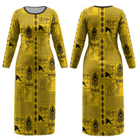 Papua New Guinea Heritage Motif Couples Matching Long Sleeve Bodycon Dress and Long Sleeve Button Shirt Yellow Version