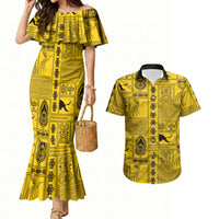 Papua New Guinea Heritage Motif Couples Matching Mermaid Dress and Hawaiian Shirt Yellow Version
