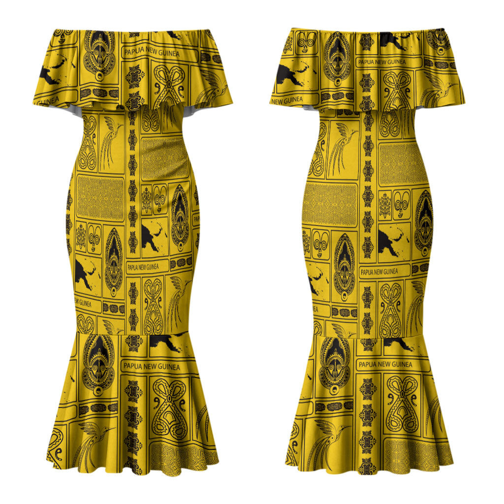 Papua New Guinea Heritage Motif Couples Matching Mermaid Dress and Hawaiian Shirt Yellow Version