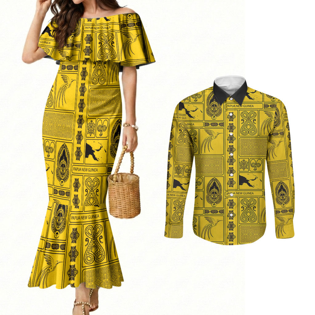 Papua New Guinea Heritage Motif Couples Matching Mermaid Dress and Long Sleeve Button Shirt Yellow Version