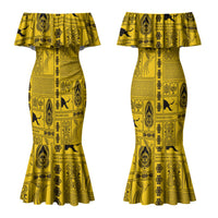 Papua New Guinea Heritage Motif Couples Matching Mermaid Dress and Long Sleeve Button Shirt Yellow Version