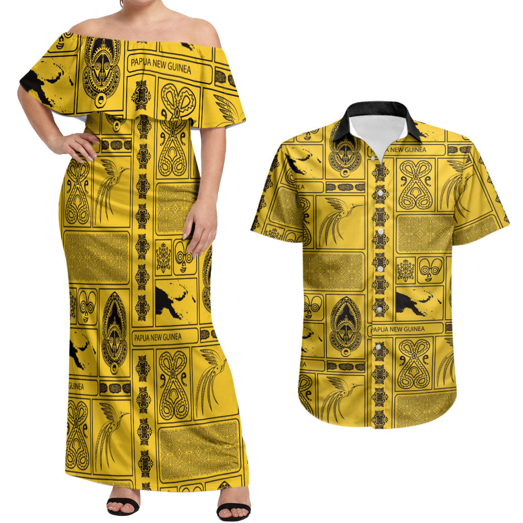 Papua New Guinea Heritage Motif Couples Matching Off Shoulder Maxi Dress and Hawaiian Shirt Yellow Version LT05 Yellow - Polynesian Pride