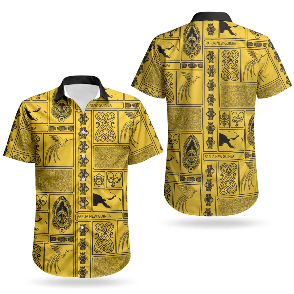 Papua New Guinea Heritage Motif Couples Matching Off Shoulder Maxi Dress and Hawaiian Shirt Yellow Version