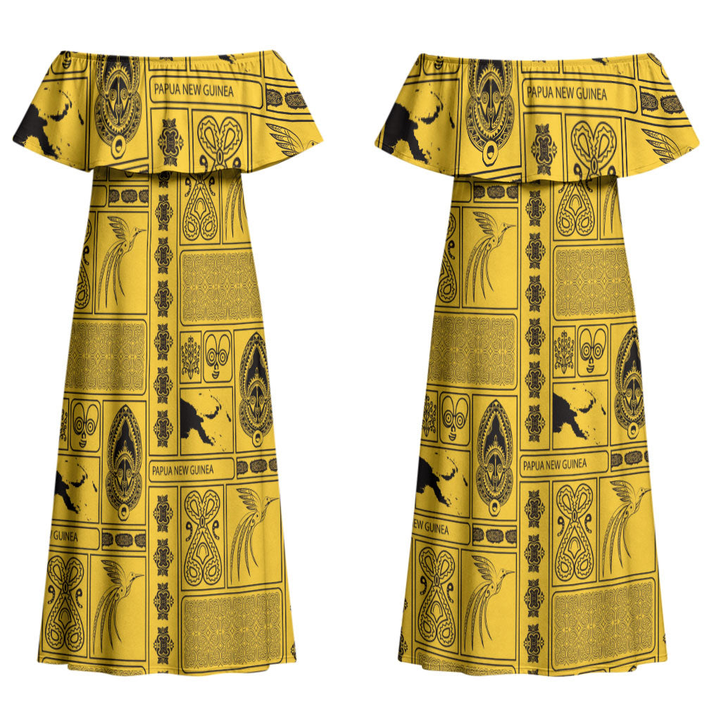 Papua New Guinea Heritage Motif Couples Matching Off Shoulder Maxi Dress and Hawaiian Shirt Yellow Version