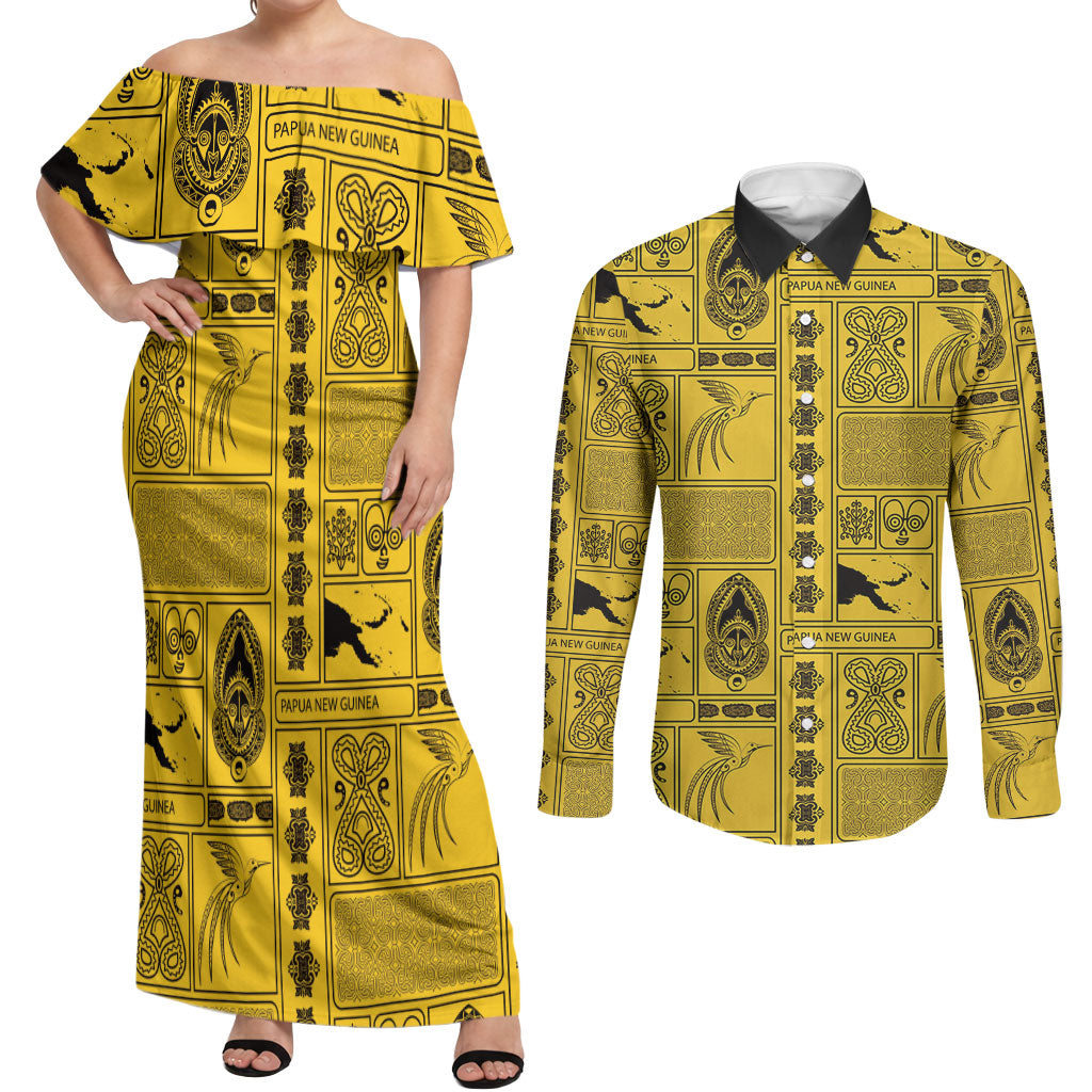 Papua New Guinea Heritage Motif Couples Matching Off Shoulder Maxi Dress and Long Sleeve Button Shirt Yellow Version