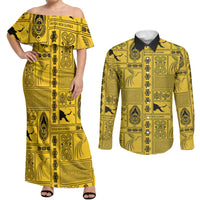 Papua New Guinea Heritage Motif Couples Matching Off Shoulder Maxi Dress and Long Sleeve Button Shirt Yellow Version