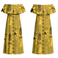 Papua New Guinea Heritage Motif Couples Matching Off Shoulder Maxi Dress and Long Sleeve Button Shirt Yellow Version