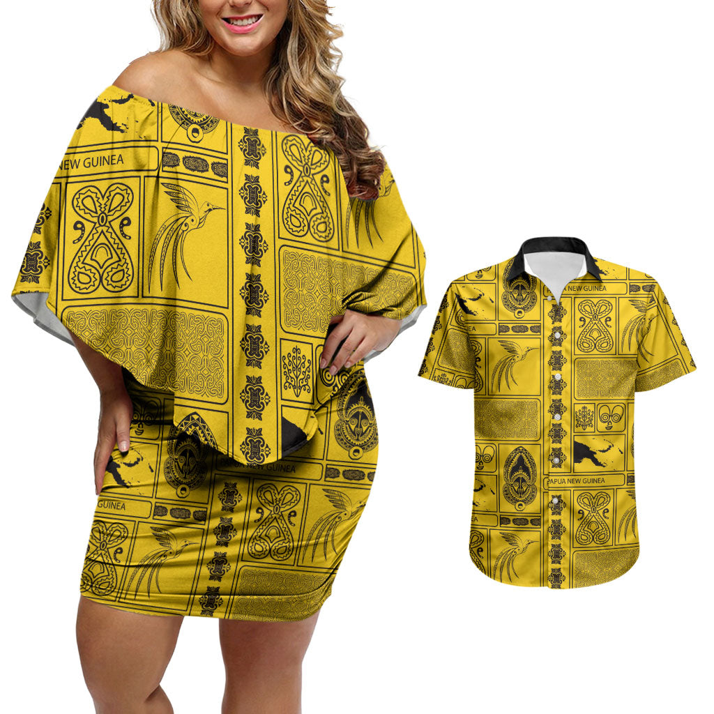 Papua New Guinea Heritage Motif Couples Matching Off Shoulder Short Dress and Hawaiian Shirt Yellow Version
