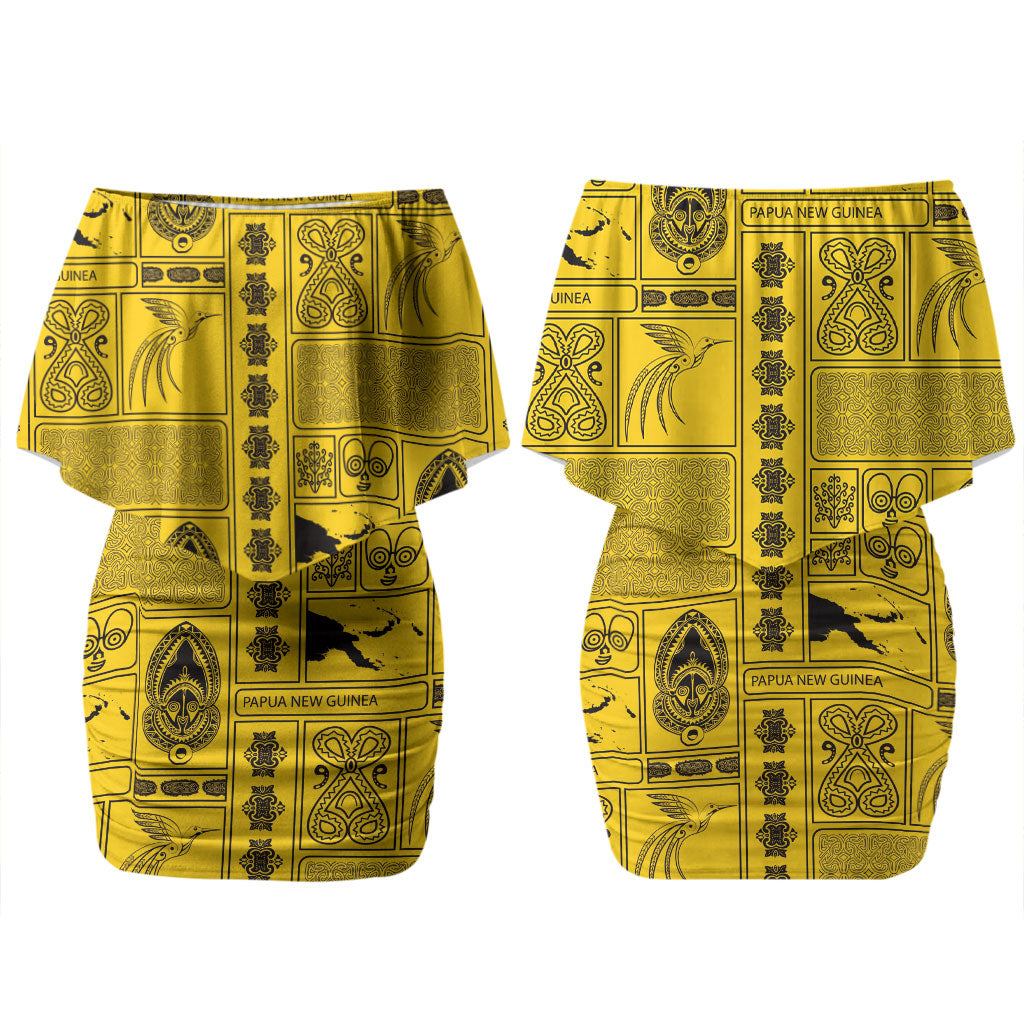 Papua New Guinea Heritage Motif Couples Matching Off Shoulder Short Dress and Hawaiian Shirt Yellow Version