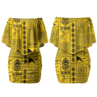Papua New Guinea Heritage Motif Couples Matching Off Shoulder Short Dress and Hawaiian Shirt Yellow Version