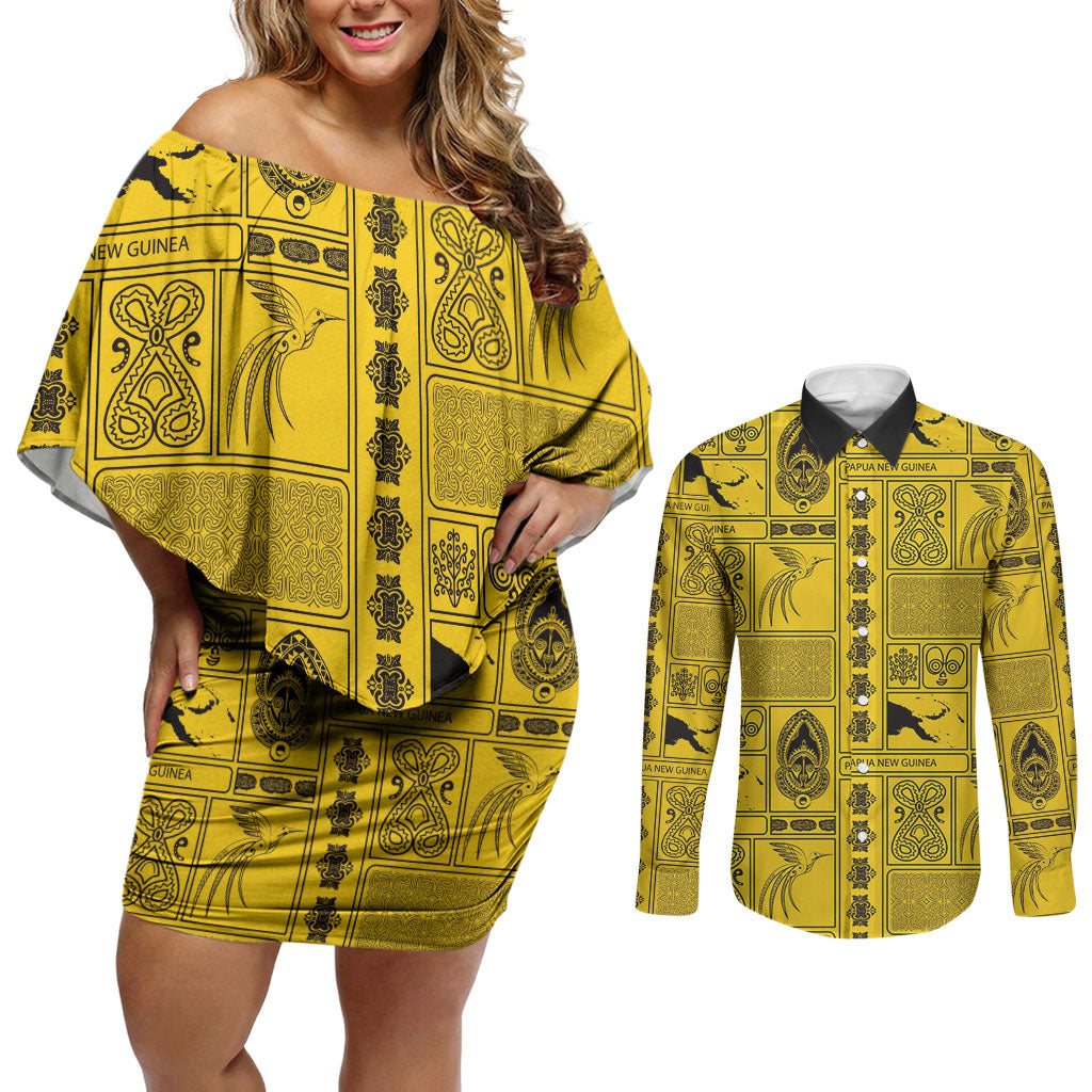 Papua New Guinea Heritage Motif Couples Matching Off Shoulder Short Dress and Long Sleeve Button Shirt Yellow Version LT05 Yellow - Polynesian Pride