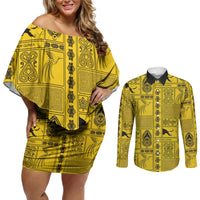 Papua New Guinea Heritage Motif Couples Matching Off Shoulder Short Dress and Long Sleeve Button Shirt Yellow Version