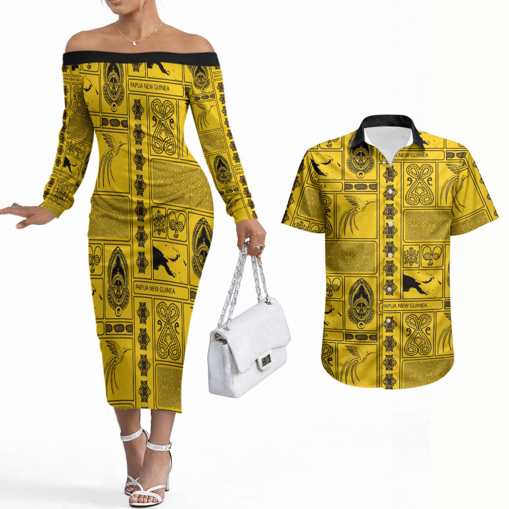 Papua New Guinea Heritage Motif Couples Matching Off The Shoulder Long Sleeve Dress and Hawaiian Shirt Yellow Version