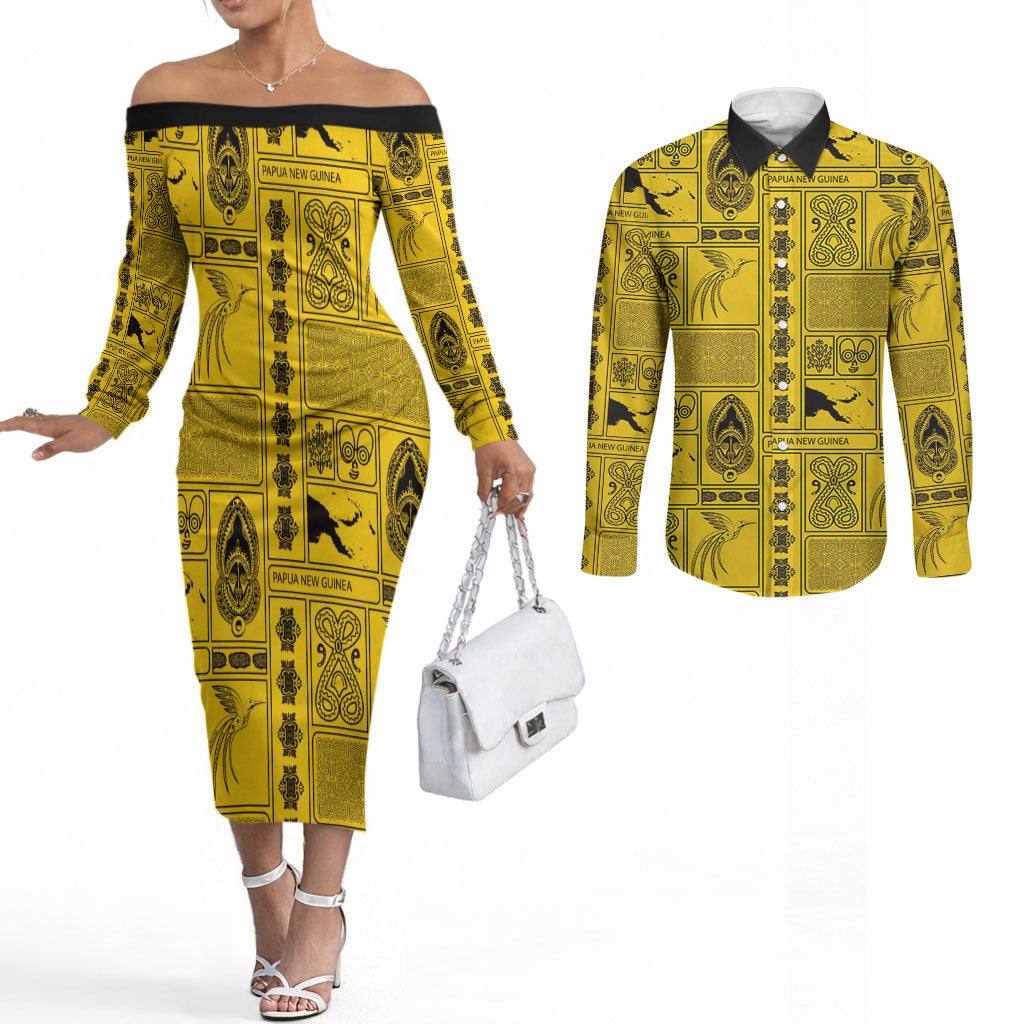 Papua New Guinea Heritage Motif Couples Matching Off The Shoulder Long Sleeve Dress and Long Sleeve Button Shirt Yellow Version LT05 Yellow - Polynesian Pride