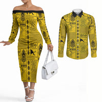 Papua New Guinea Heritage Motif Couples Matching Off The Shoulder Long Sleeve Dress and Long Sleeve Button Shirt Yellow Version