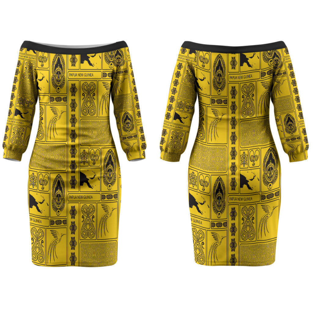 Papua New Guinea Heritage Motif Couples Matching Off The Shoulder Long Sleeve Dress and Long Sleeve Button Shirt Yellow Version