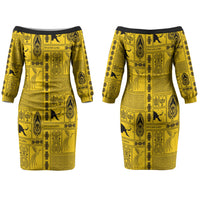 Papua New Guinea Heritage Motif Couples Matching Off The Shoulder Long Sleeve Dress and Long Sleeve Button Shirt Yellow Version