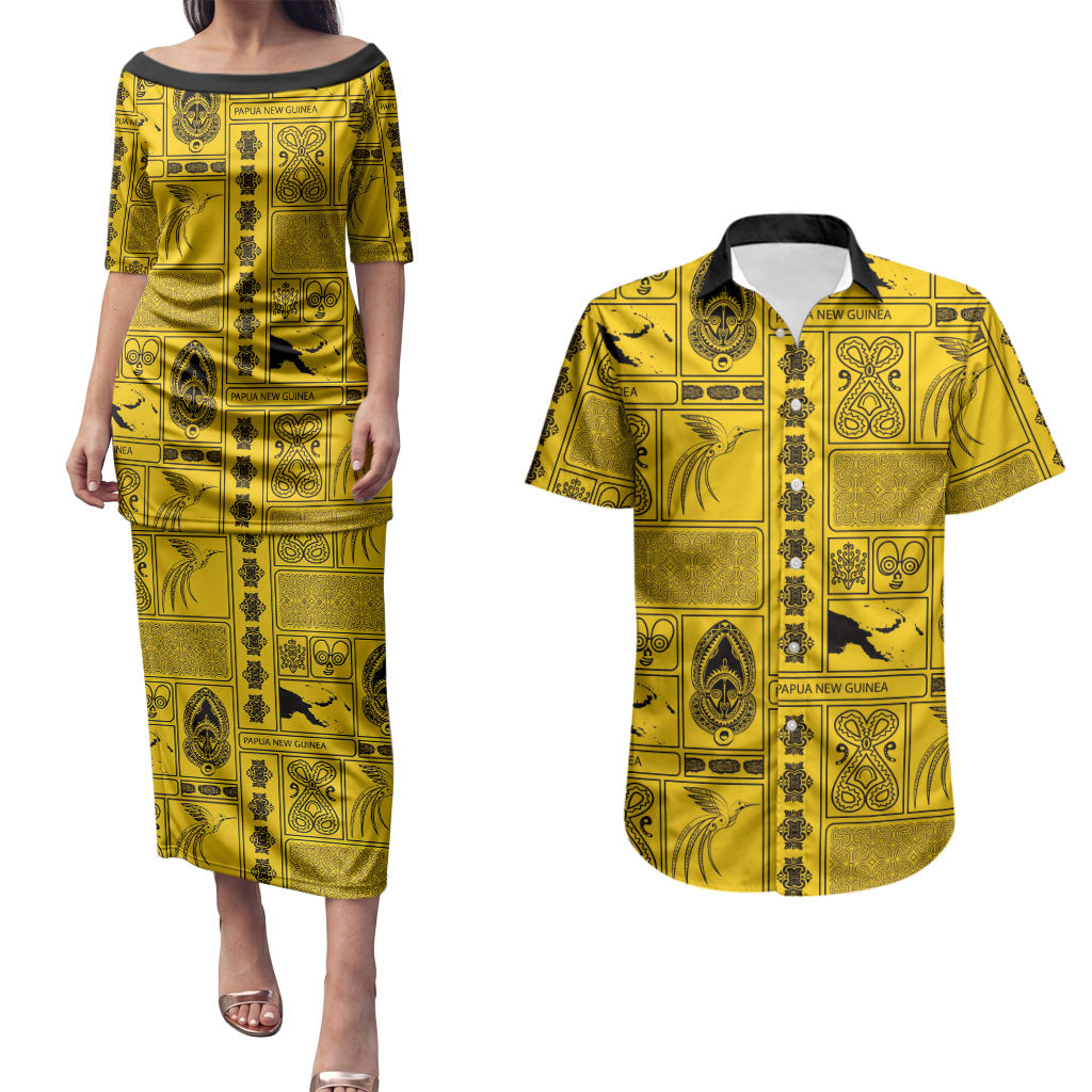 Papua New Guinea Heritage Motif Couples Matching Puletasi and Hawaiian Shirt Yellow Version