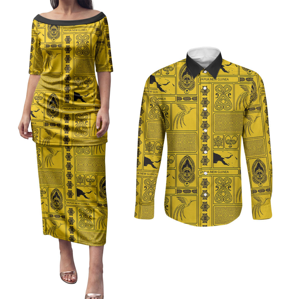 Papua New Guinea Heritage Motif Couples Matching Puletasi and Long Sleeve Button Shirt Yellow Version LT05 Yellow - Polynesian Pride