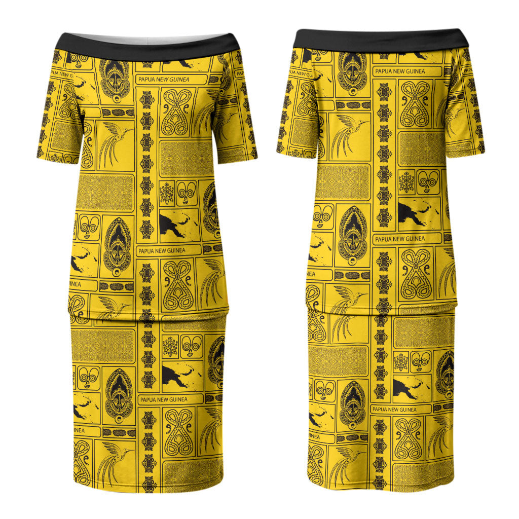 Papua New Guinea Heritage Motif Couples Matching Puletasi and Long Sleeve Button Shirt Yellow Version