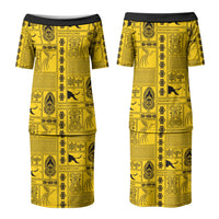 Papua New Guinea Heritage Motif Couples Matching Puletasi and Long Sleeve Button Shirt Yellow Version