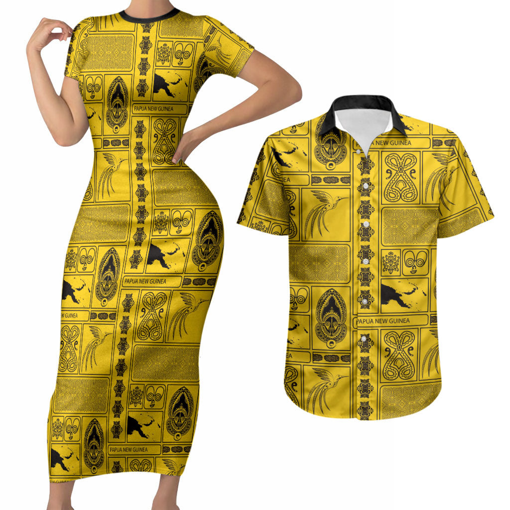 Papua New Guinea Heritage Motif Couples Matching Short Sleeve Bodycon Dress and Hawaiian Shirt Yellow Version LT05 Yellow - Polynesian Pride