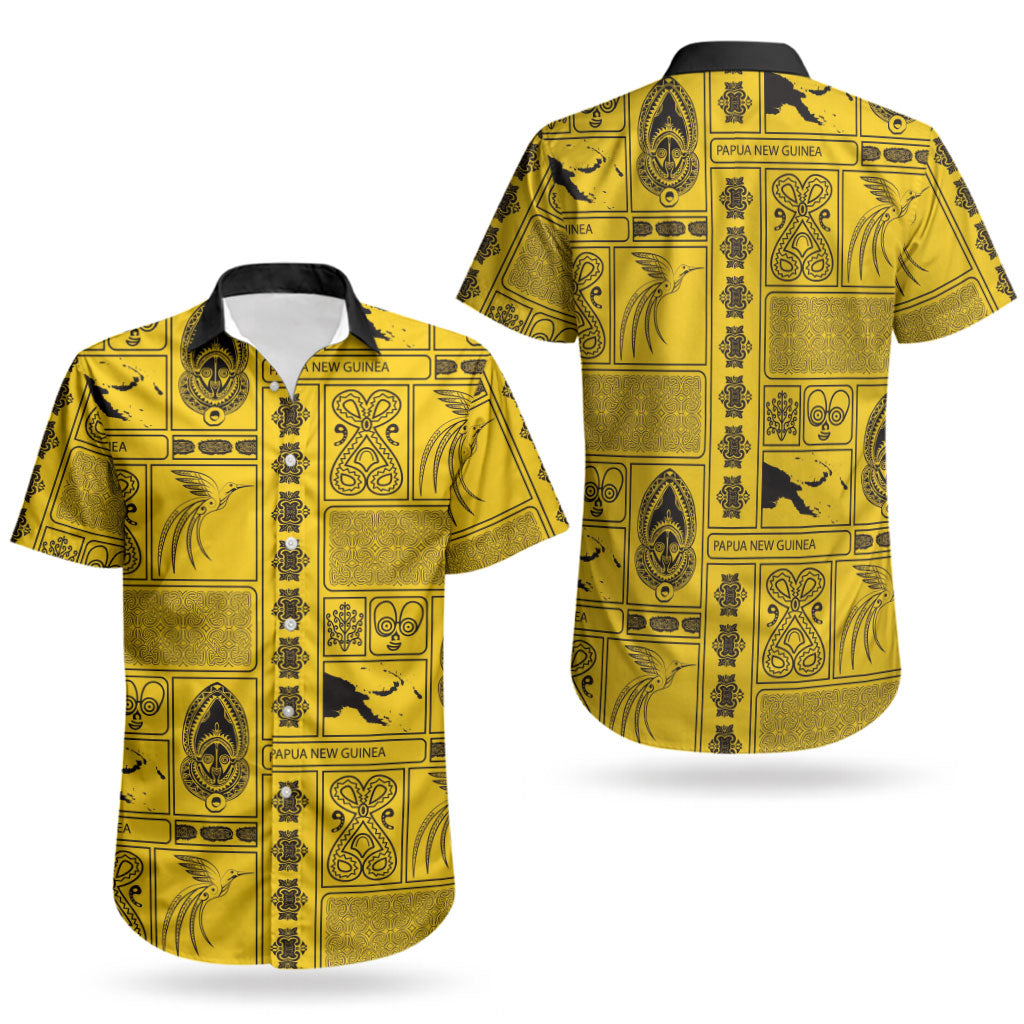 Papua New Guinea Heritage Motif Couples Matching Short Sleeve Bodycon Dress and Hawaiian Shirt Yellow Version