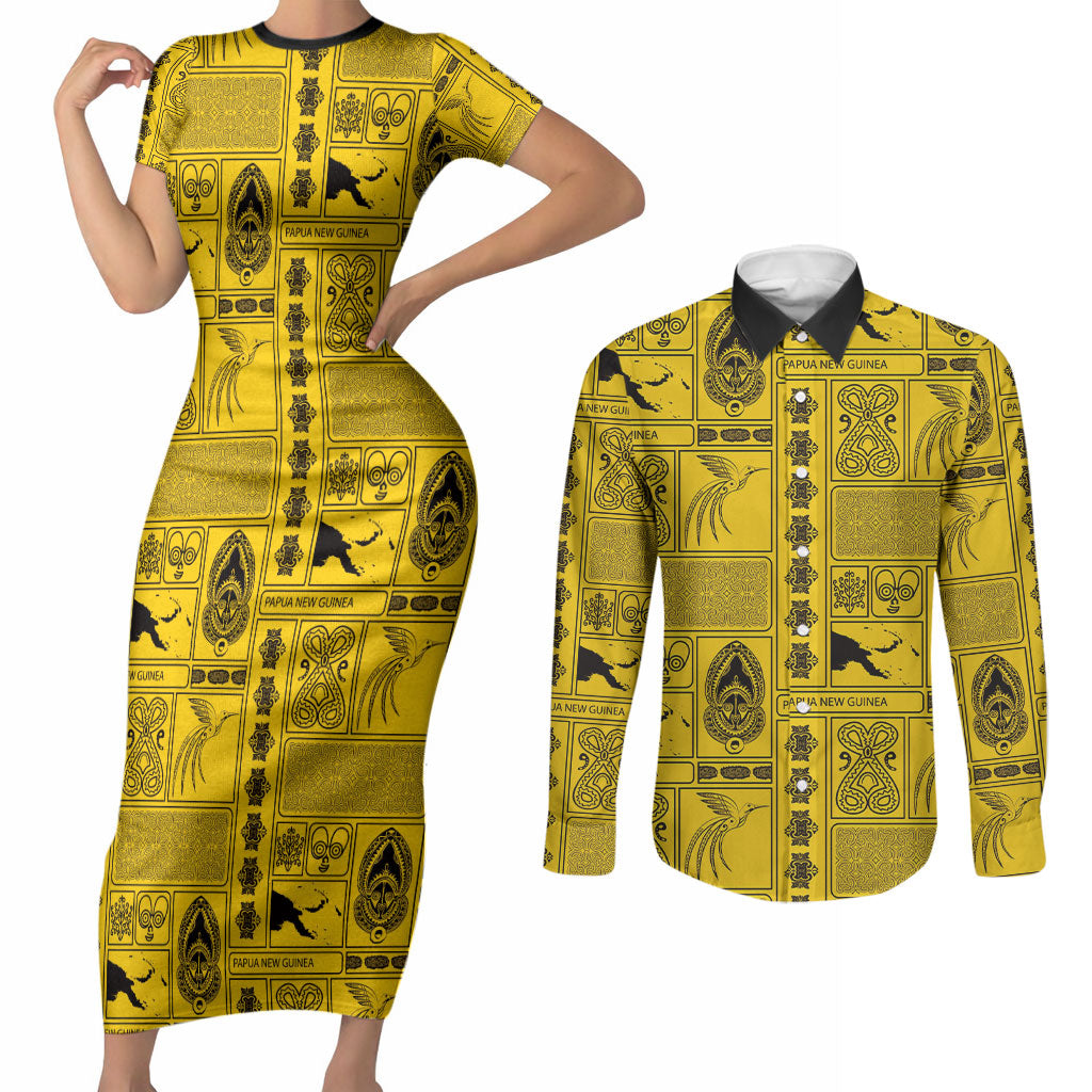 Papua New Guinea Heritage Motif Couples Matching Short Sleeve Bodycon Dress and Long Sleeve Button Shirt Yellow Version